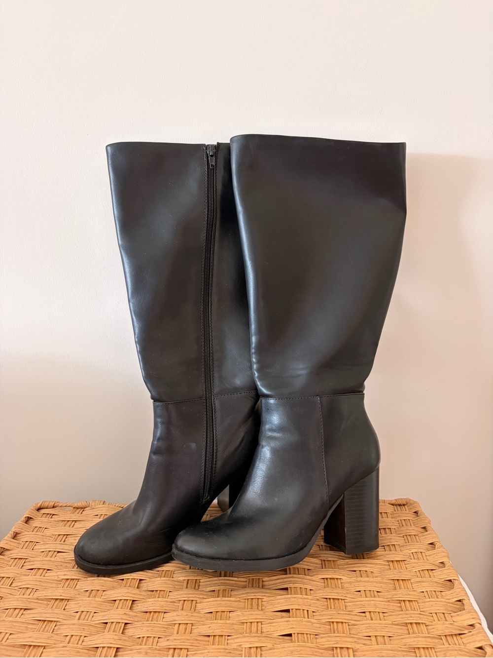 Unisa Black Knee High Wide Calf Block Heel Leather Boots